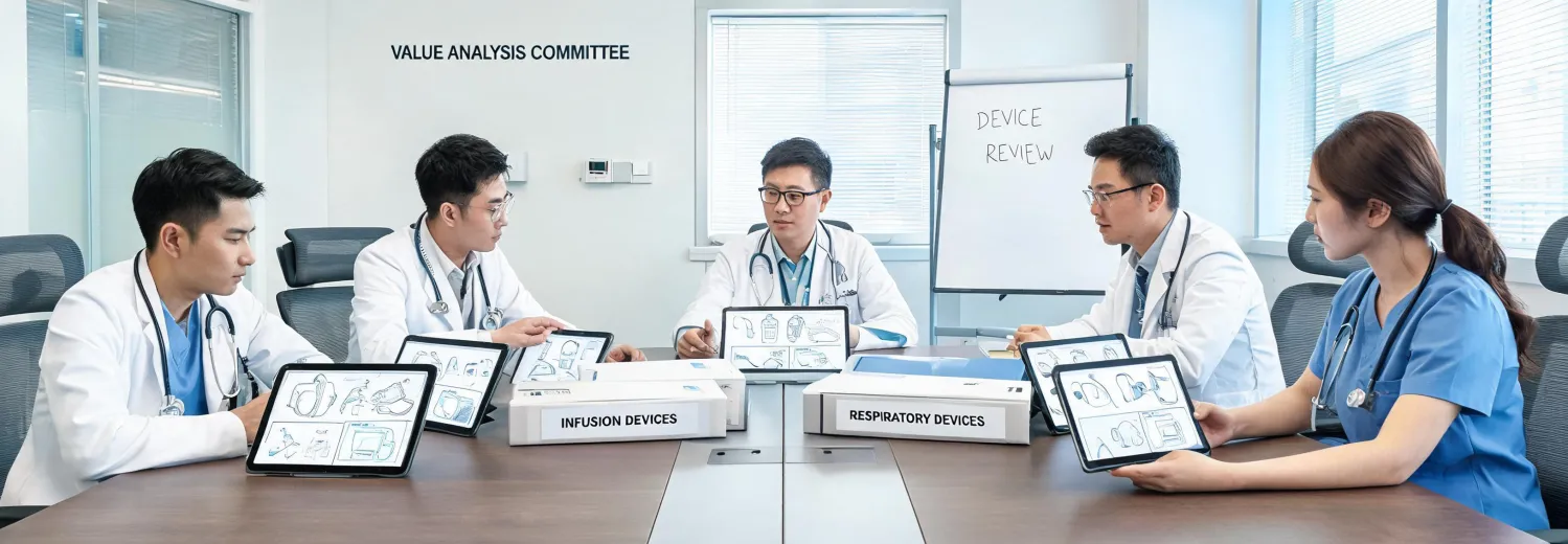 Hospital value analysis committee reviewing medical device documentation