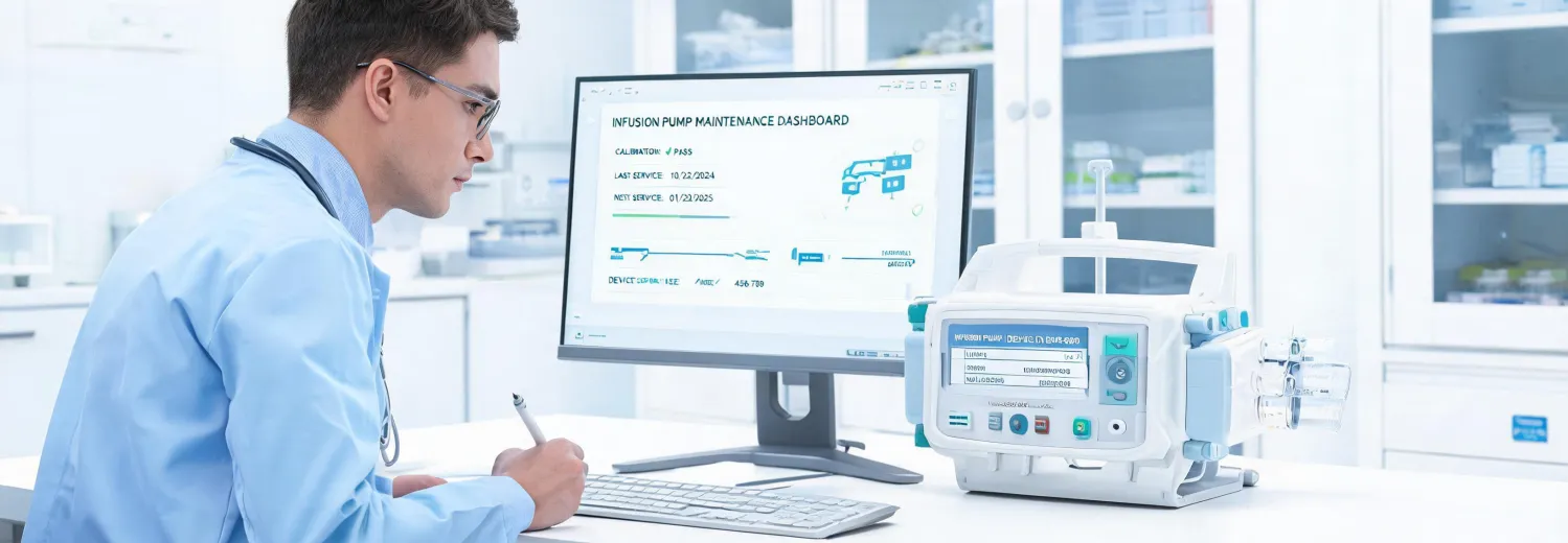 Biomedical engineer reviewing infusion pump service data
